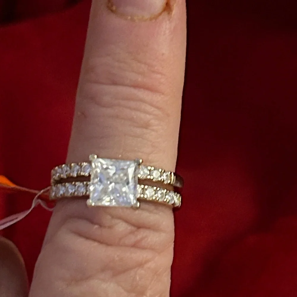 Luxury Square Moissanite Diamond gold‎ wedding bridal set Women's Ring size 8